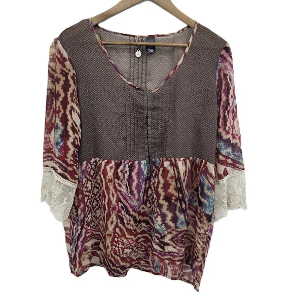 BKE Womens L Boho Patchwork Blouse Sheer V-Neck Bell Sleeve Lace Tunic Top - Picture 1 of 13